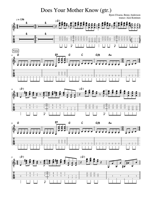 Does Your Mother Know (Arr. Jussi Kontinen) - ABBA (Guitar Tab)