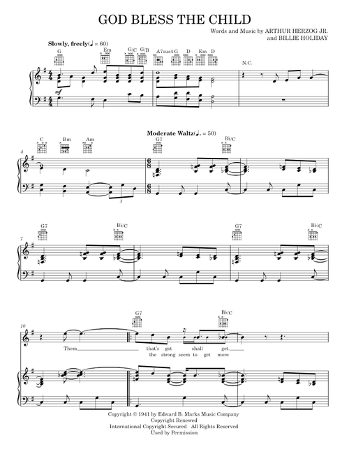God Bless' The Child - Billie Holiday, Blood, Sweat & Tears (Piano-Vocal-Guitar)