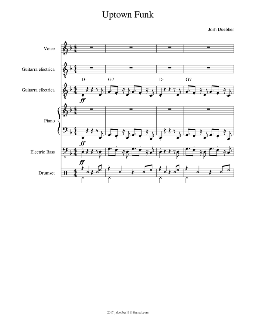 Uptown Funk Combo Sheet Music with Chords for Piano, Vocals, Guitar ...