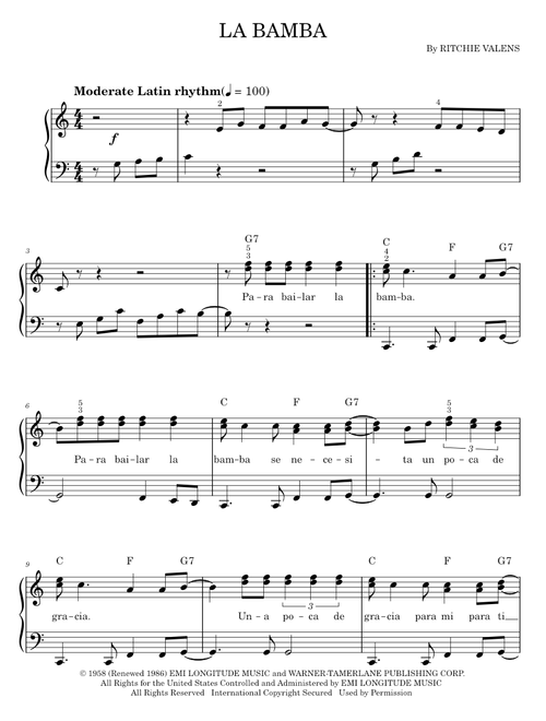 La Bamba - Los Lobos, Ritchie Valens (Easy Piano)