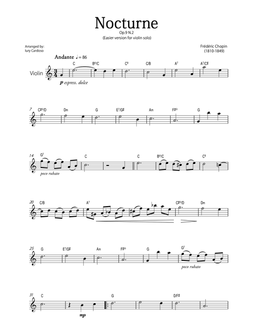 "Nocturne" (Chopin) - Beautiful EASY version for VIOLIN SOLO. (Arr. Iury Cardoso) - Frédéric Chopin (Violin Solo)