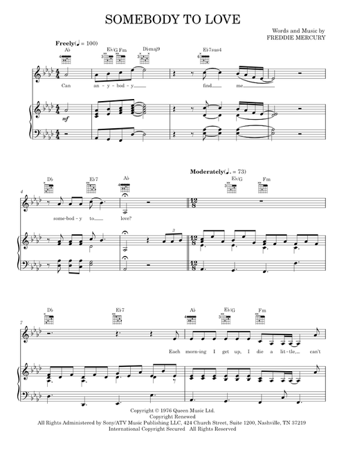 Somebody To Love - Glee TV Series, Queen (Piano-Vocal-Guitar)