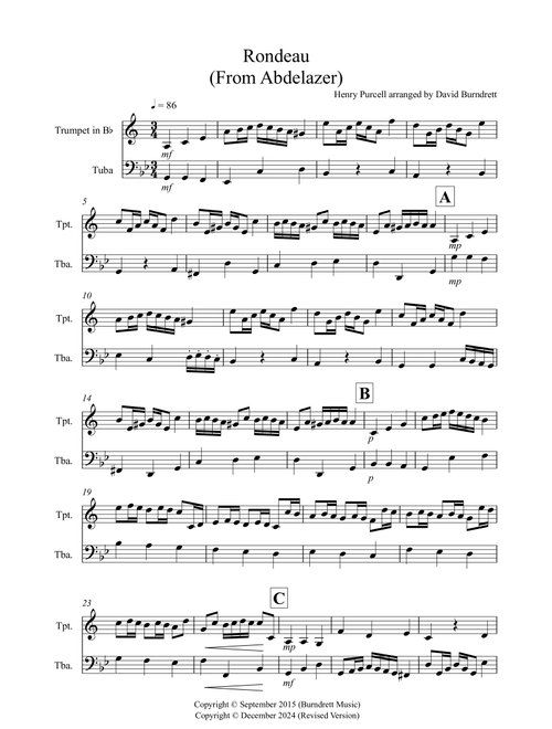 Rondeau (from Abdelazer) for Trumpet and Tuba Duet (Arr. David Burndrett) - Henry Purcell (Instrumental Duet)