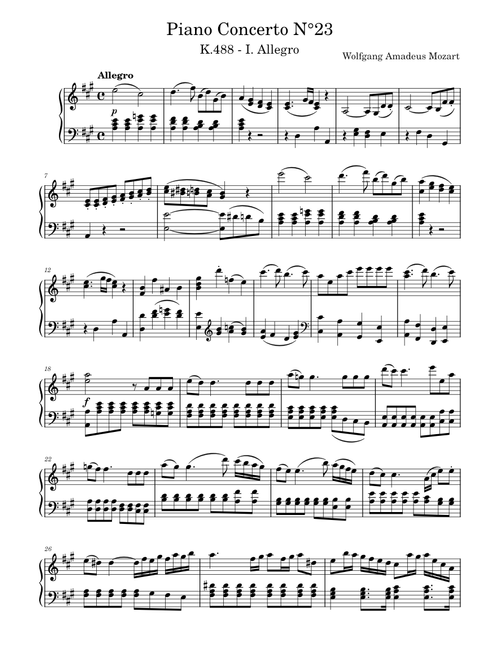 Mozart - Piano Concerto N°23 K488 - I. Allegro - pour piano solo