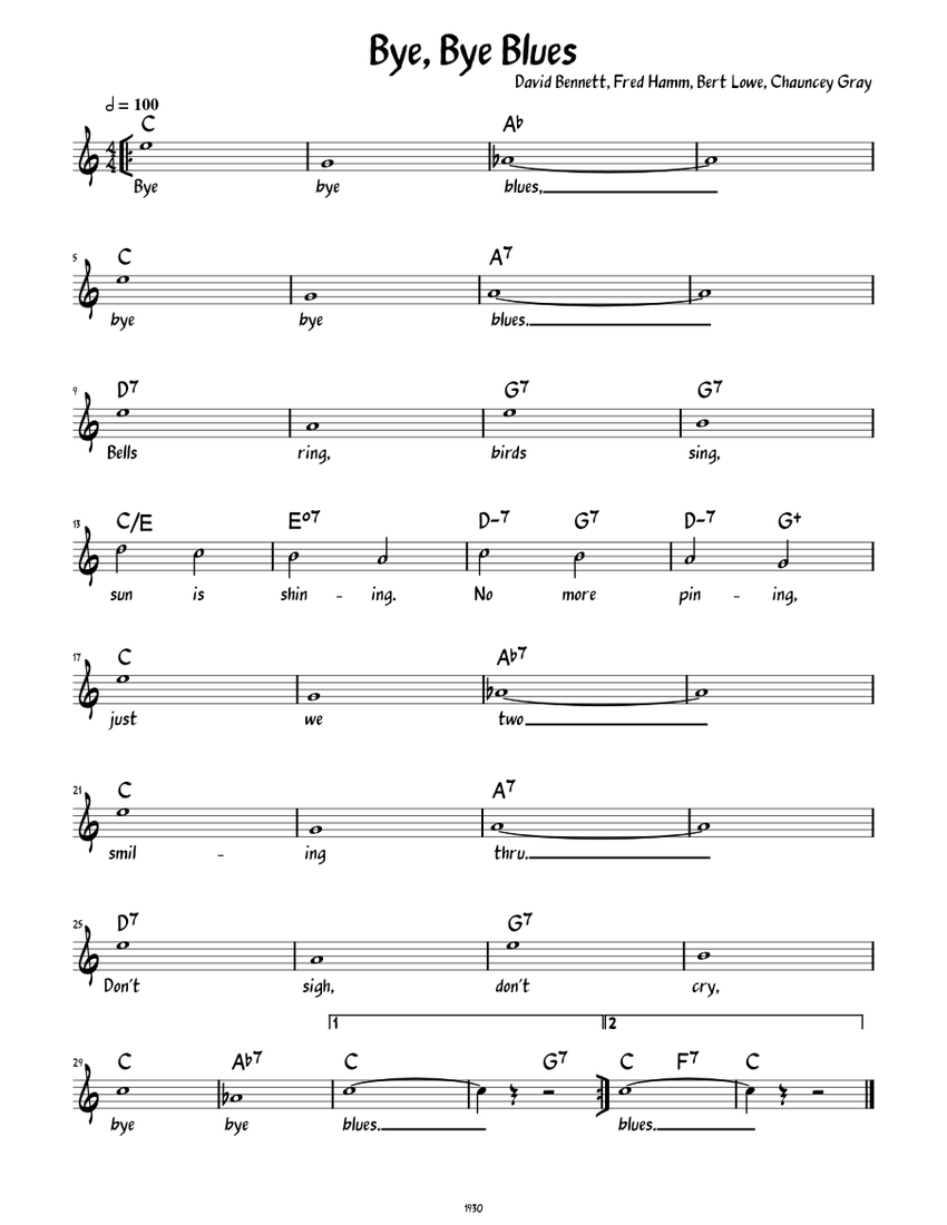 Bye, Bye Blues (Lead sheet with lyrics ) Sheet music for Piano (Solo