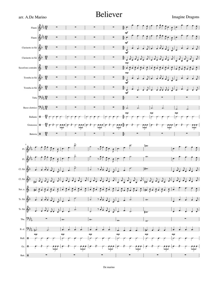 BELIEVER by Imagine dragons Sheet music for Tuba, Flute, Clarinet in b ...
