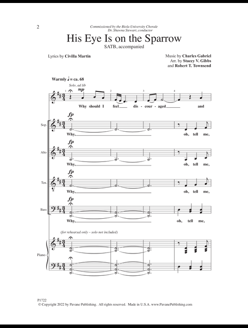 His Eye Is On The Sparrow (arr. Stacey V. Gibbs & Robert T. Townsend) - Charles Hutchinson Gabriel (Choral, SATB Divisi)