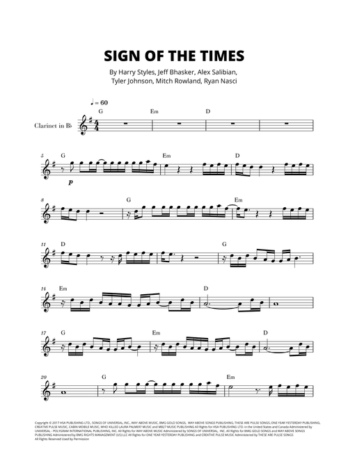 Sign Of The Times (Arr. Cadenza Editions) - Harry Styles (Clarinet Solo)