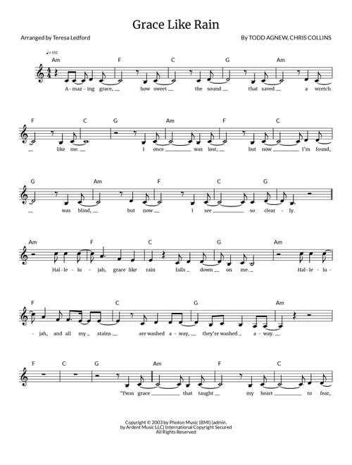 Grace Like Rain (Arr. Teresa Ledford) - Todd Agnew (Lead Sheet - Fake Book)