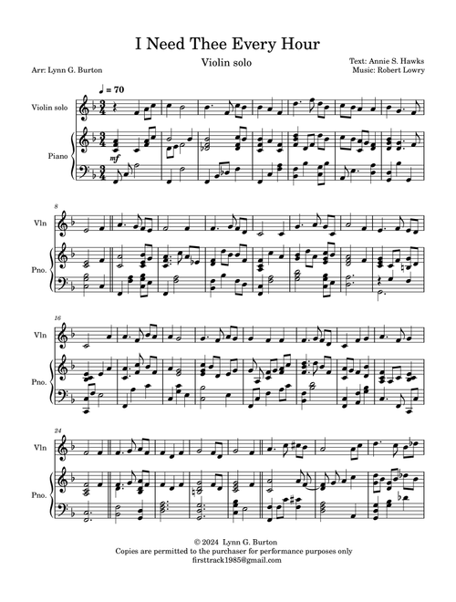 I Need Thee Every Hour (Arr. Lynn G. Burton) - Robert Lowry (Violin and Piano)