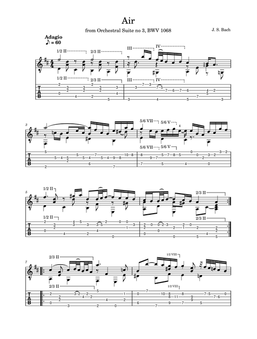 Air ("on the G-string") from Suite 3, BWV 1068, for solo Guitar (Arr. Lyle Raymond) - Johann Sebastian Bach (Guitar Tab)