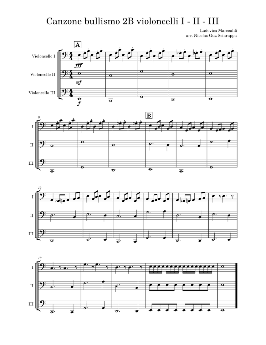 Canzone bullismo 2B violoncelli I - II - III Sheet music for Cello ...
