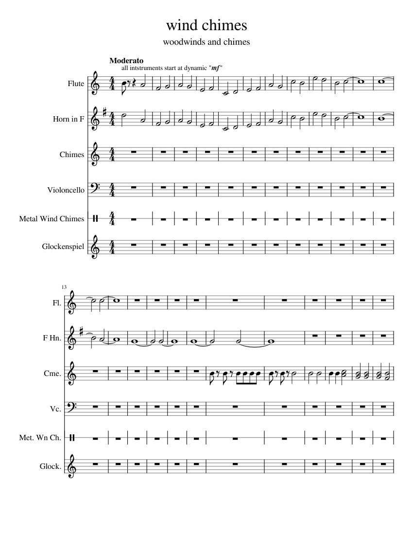 wind_chimes Sheet music for Flute, French horn, Glockenspiel, Cello