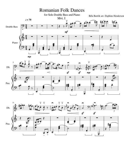 Romanian Folk Dances: Solo for Double Bass and Piano: Mvt 1