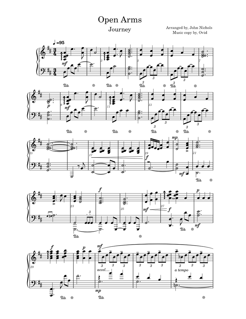 Open arms Journey Sheet music for Piano (Solo)