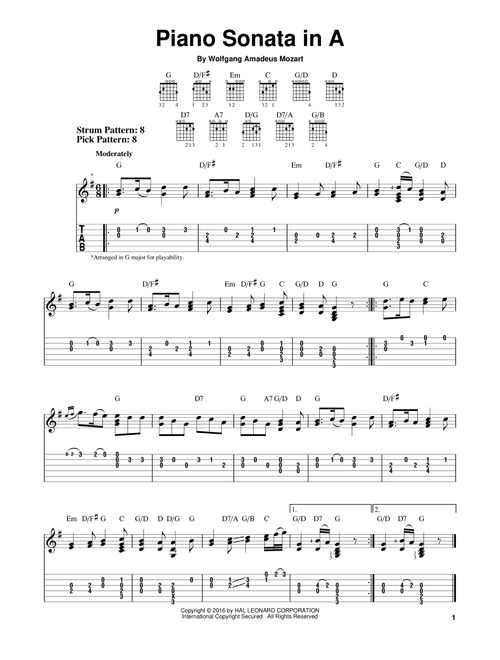 Piano Sonata In A - Wolfgang Amadeus Mozart (Easy Guitar with TAB)