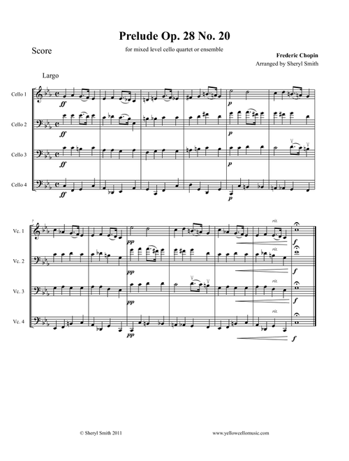 Chopin Piano Prelude in C minor (Funeral March) Op 28 No.20 for cello ensemble or mixed-level cello (Arr. Yellow Cello Music) - Frederic Chopin (String Ensemble)