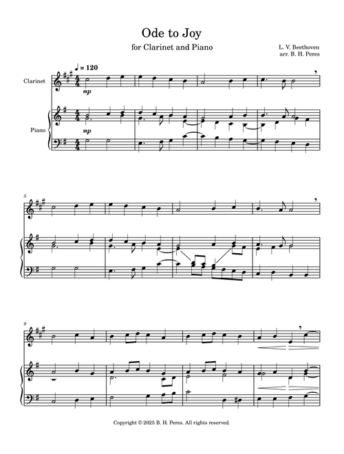 Ode to Joy - Easy Clarinet and Intermediate Piano - G major (Arr. B. H. Peres) - Ludwig Van Beethoven (Clarinet and Piano)