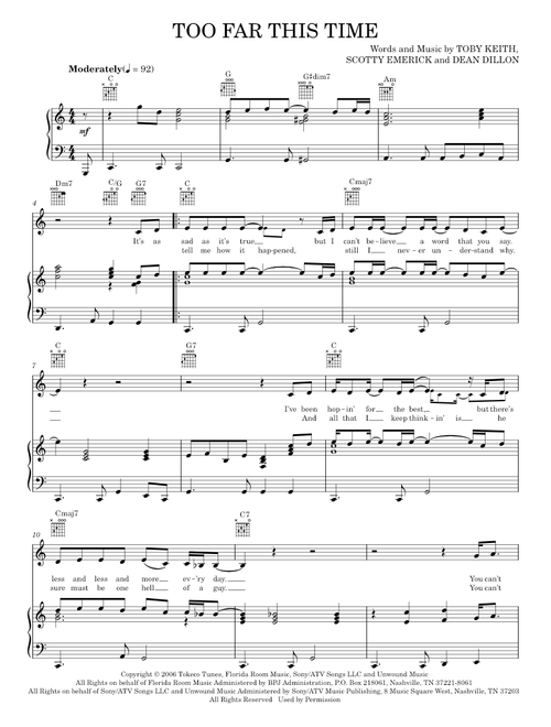 Too Far This Time - Toby Keith Sting (Piano-Vocal-Guitar)