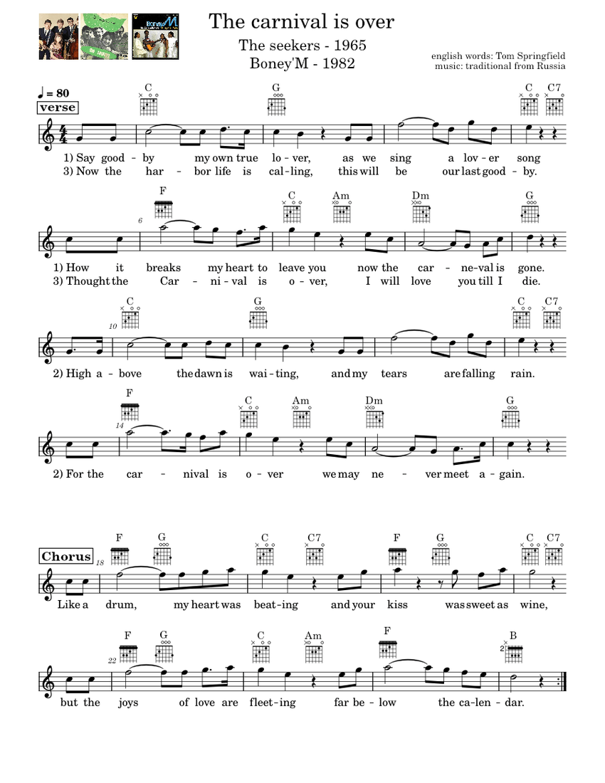 The carneval is over the seekers sheet music for vocals guitar