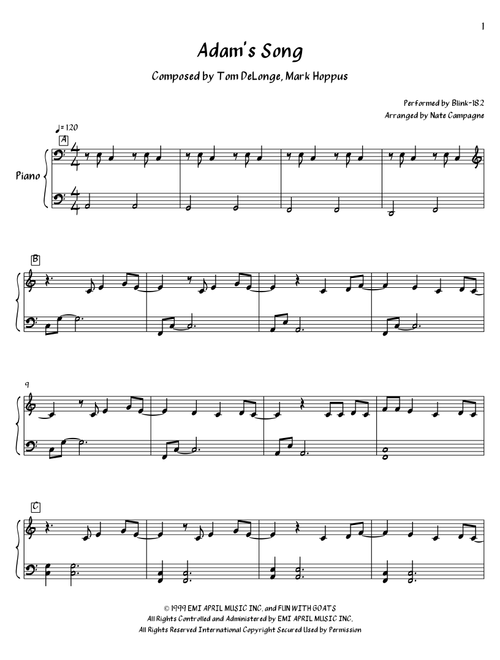 Adam's Song (Arr. Nate Campagne) - Blink 182 (Piano Solo)