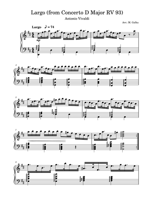 Largo (from Chamber Concerto D Major RV 93) (Arr. M. Galka) - Antonio Vivaldi (Piano Solo)