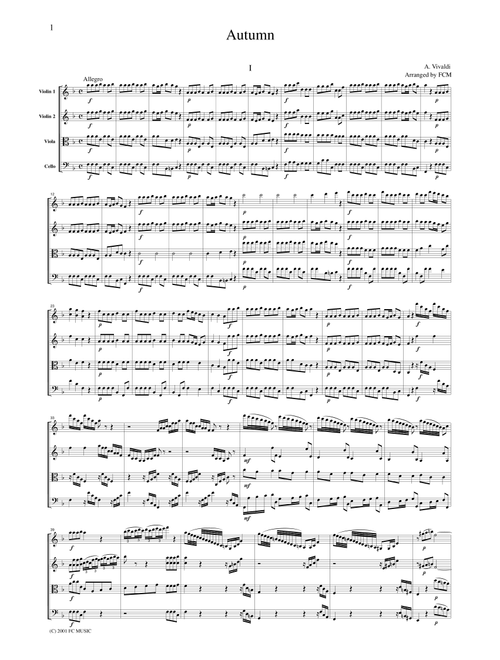 Vivaldi  Autumn from the Four Seasons, all mvts., for string quartet, CV103 (Arr. FCMUSIC) (String Quartet)