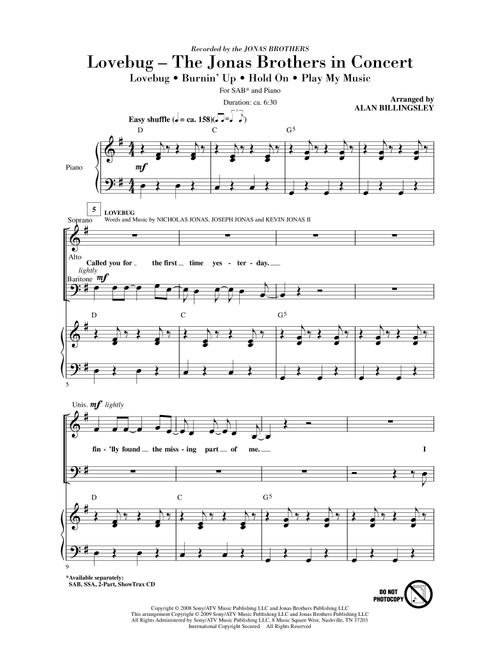 Lovebug - The Jonas Brothers In Concert (Medley) (Arr. Alan Billingsley) (Choral, SAB)