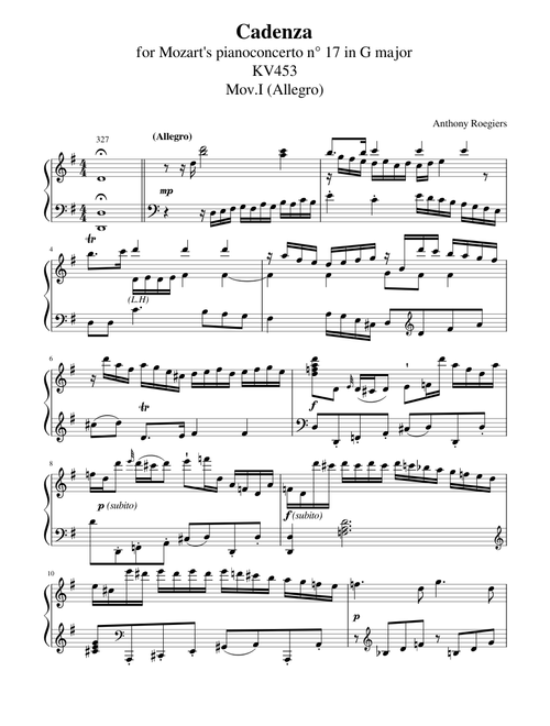 Cadenza for W.A. Mozart Piano Concerto No.17 in G major, K.453 (Mov.1)
