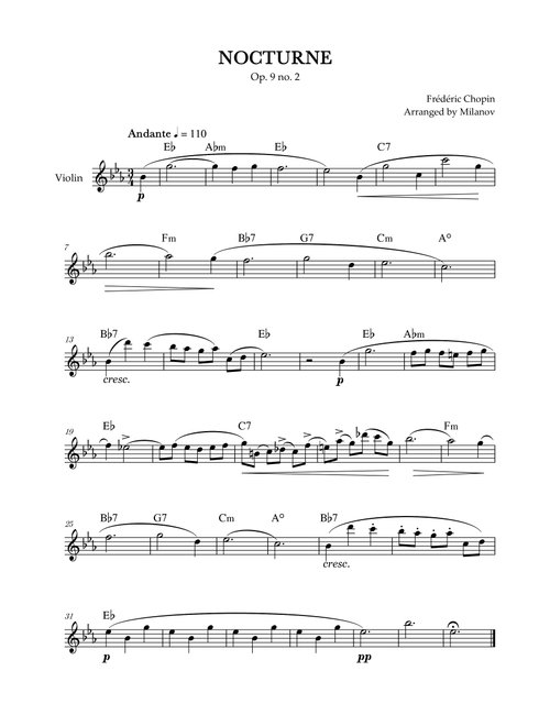 Chopin Nocturne op. 9 no. 2 | Violin | E-flat Major | Chords | Easy beginner (Arr. Milanov) - Frédéric Chopin (Violin Solo)