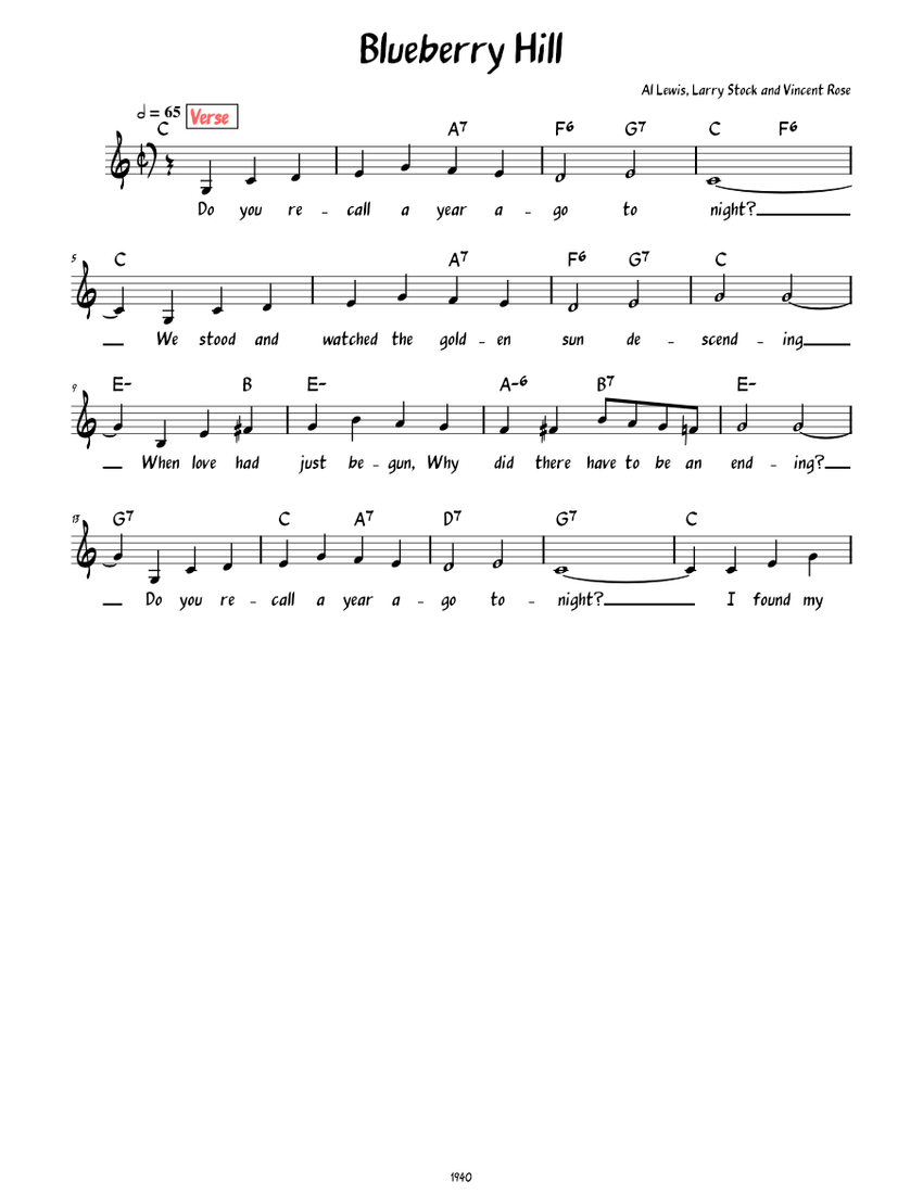 Blueberry Hill (Lead sheet with lyrics ) - piano