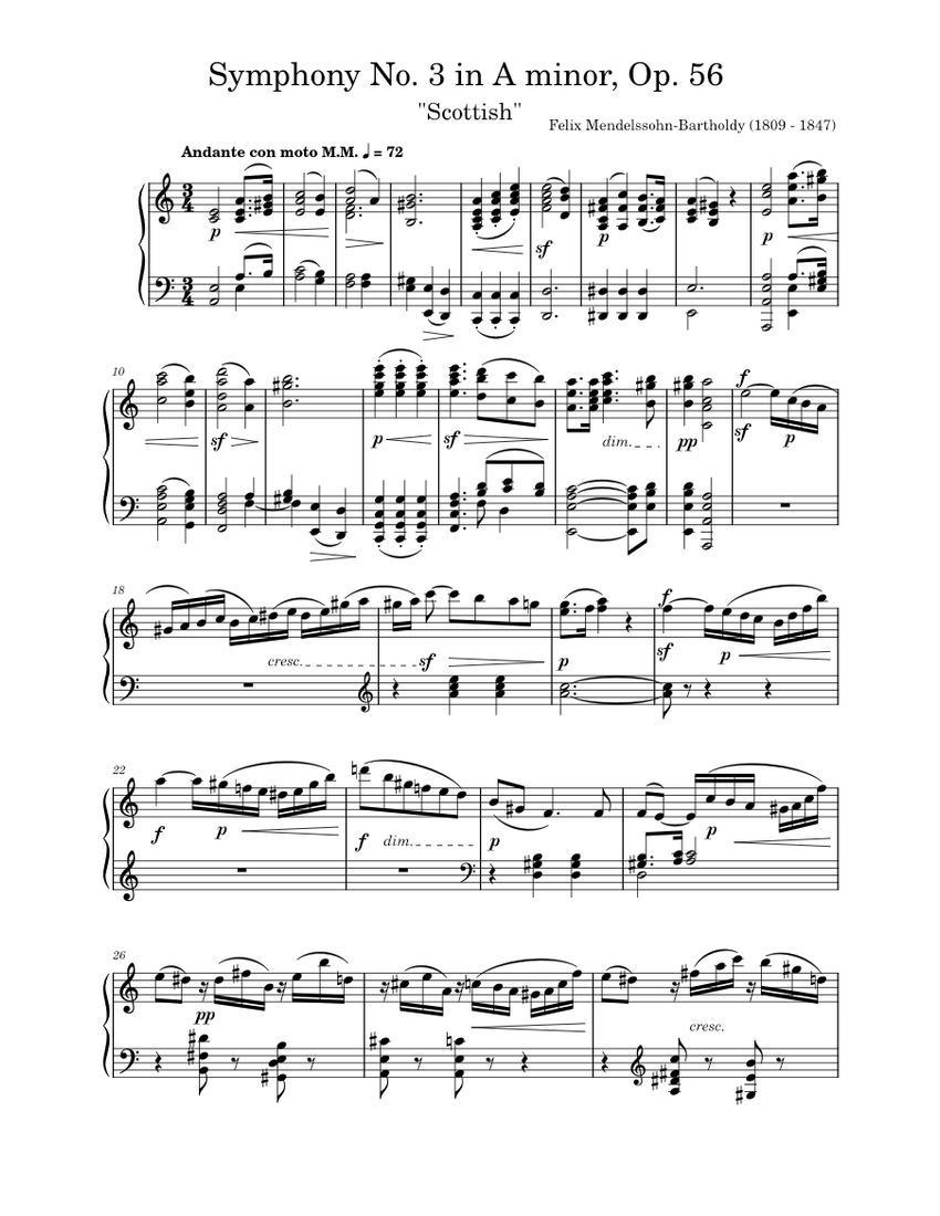 Mendelssohn Symphony No. 3 in A minor, Op. 56 (Scottish) 1. Andante con moto (Piano) Sheet