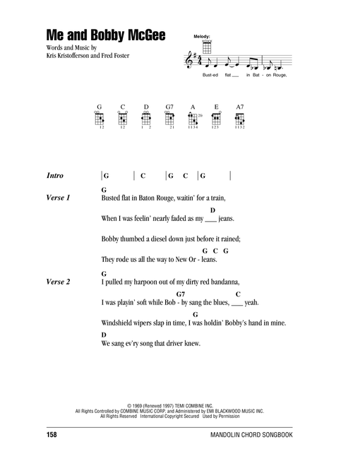 Me And Bobby McGee - Janis Joplin, Kris Kristofferson (Mandolin Chords-Lyrics)