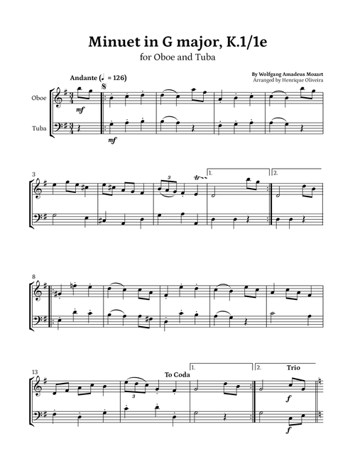 Minuet in G major, K.1/1e (Oboe and Tuba) - W. A. Mozart (Arr. Henrique Oliveira) - Wolfgang Amadeus Mozart (Instrumental Duet)