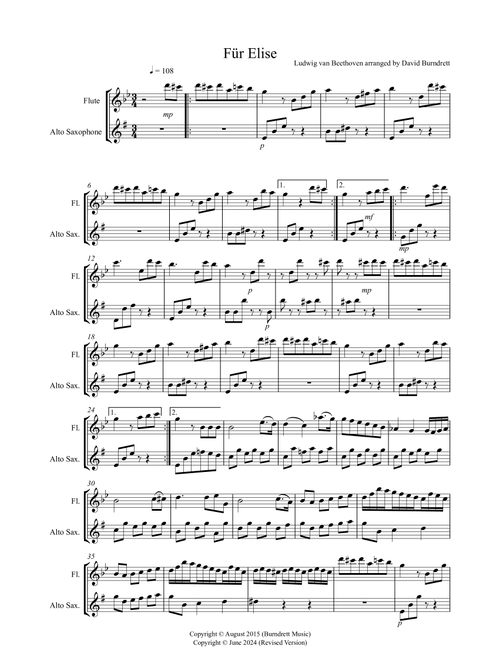 Fur Elise for Flute and Alto Saxophone Duet (Arr. David Burndrett) - Ludwig Van Beethoven (Instrumental Duet)