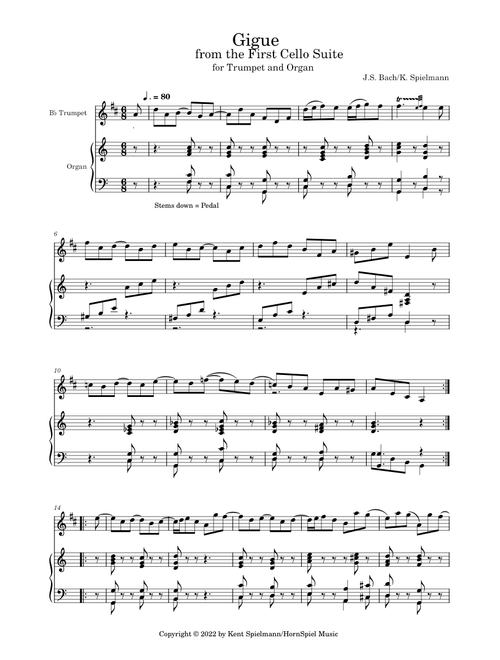 Gigue for trumpet and Organ from the First Cello Suite - J.S. Bach/Spielmann