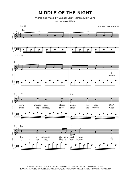 Middle Of The Night (Arr. Michael Habrom) - Elley Duhe (Easy Piano)