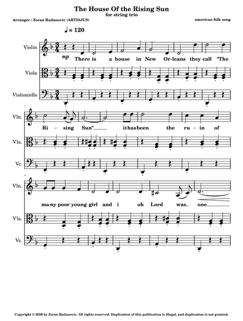 The House of the Rising Sun - for string trio (Arr. Zoran Radanovic (ARTISJUS)) - american folk song - traditional (String Ensemble)