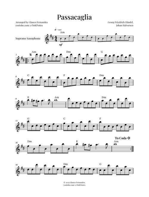 Passacaglia by Handel/Halvorsen (Arr. Glauco Fernandes) - Georg Friedrich Händel, Johan Halvorsen (Soprano Sax Solo)
