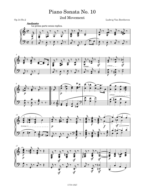 Piano Sonata No. 10 in G Major, Op.14 No.2, 2nd Movement (Andante) – Ludwig van Beethoven