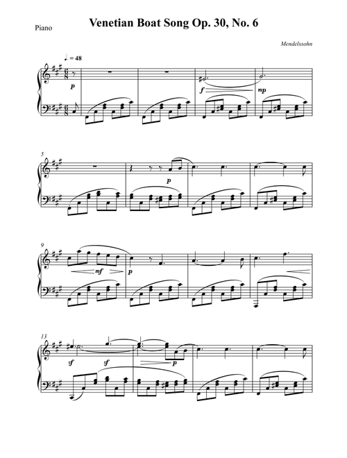 Venetian Boat Song Op. 30, No. 6 (Arr. Wesley S. SIlva) - MENDELSSOHN (Piano Solo)