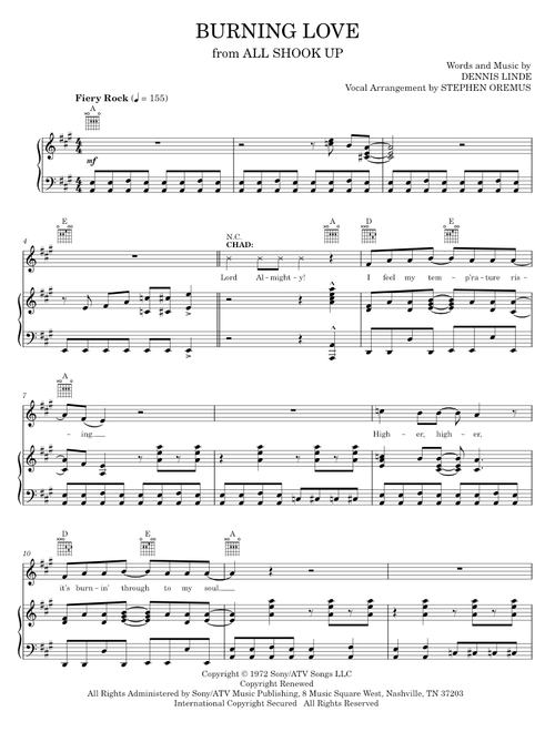 Burning Love - All Shook Up Musical, Elvis Presley (Piano-Vocal-Guitar)