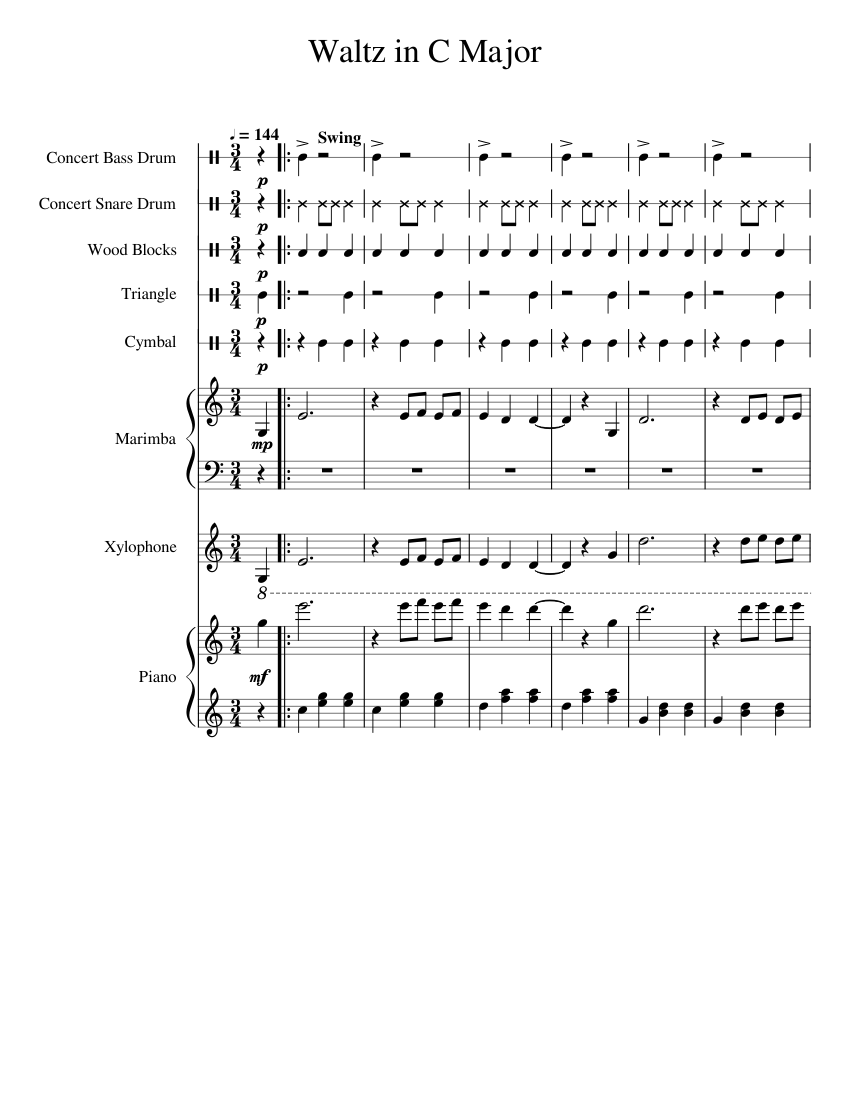 Waltz in C Major Sheet music for Piano, Snare drum, Crash