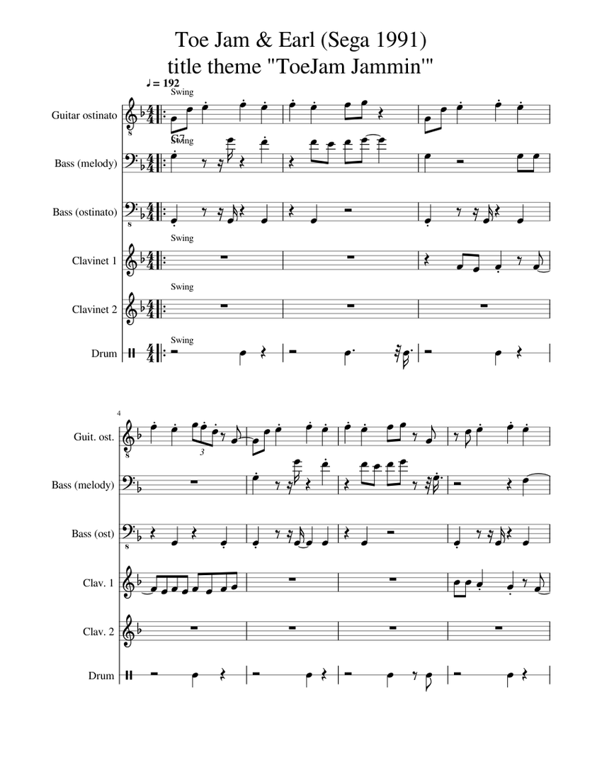 Toe Jam & Earl (Sega 1991) title theme "ToeJam Jammin'" Sheet music for