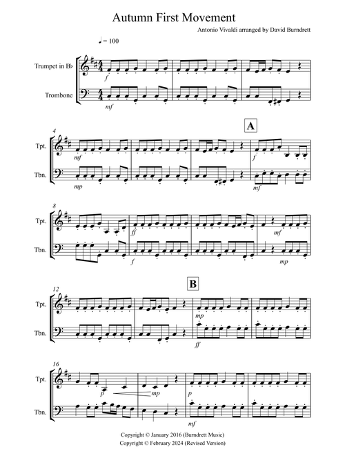 Autumn "Four Seasons" for Trumpet and Trombone Duet (Arr. David Burndrett) - Antonio Vivaldi (Instrumental Duet)