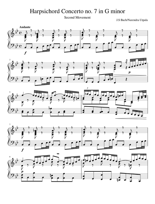 Concerto in G minor (BWV 1058) - II. Andante for Solo Piano