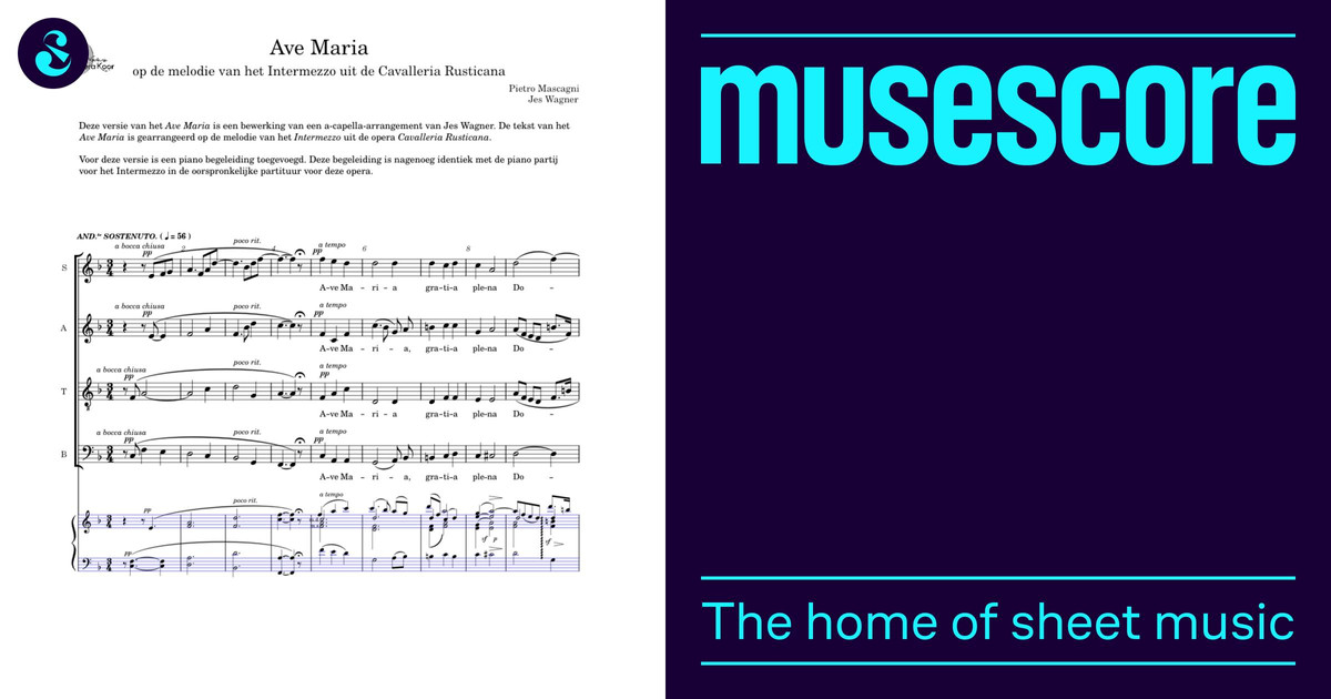 Cavalleria Rusticana, Intermezzo with Ave Maria Sheet Music for Piano ...