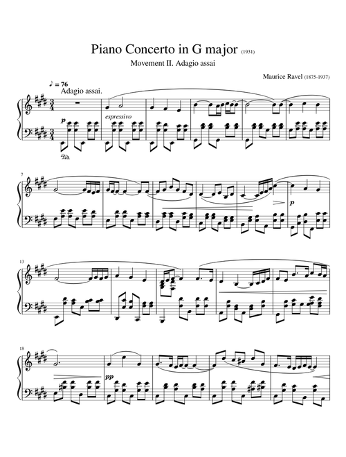 Ravel - Piano Concerto in G major - II. Adagio assai PIANO PART.reformat sheet music arranged by dpran0427
