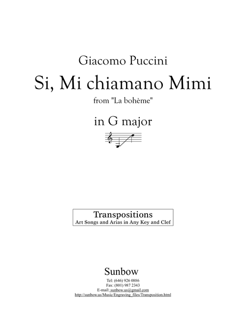 Puccini: Si, Mi chiamano Mimi (Transposed to G Major) (Arr. Sunbow) - Giacomo Puccini (Piano Vocal)