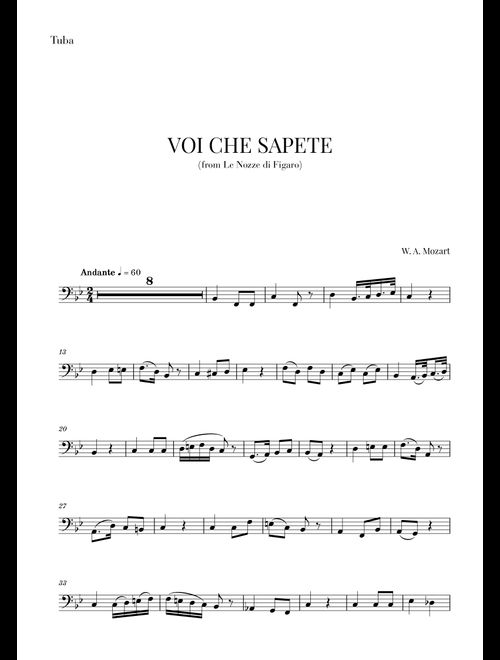 Mozart - Voi Che Sapete (for Tuba) (Arr. Cadenza Editions) - Wolfgand Amadeus Mozart (Tuba Solo)